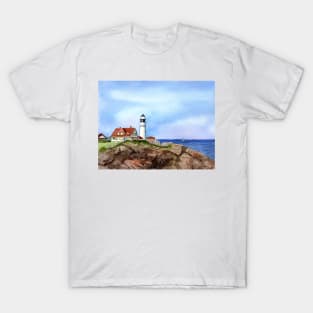 Portland Head Lighthhouse Fine Art Watercolor Painting T-Shirt